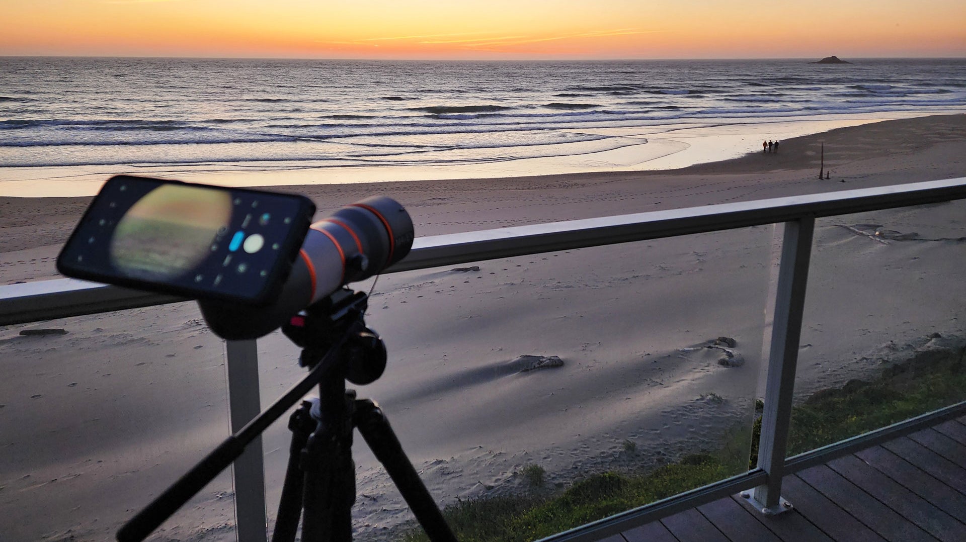 magview phone adaptor on a spotting scope viewing the coast.