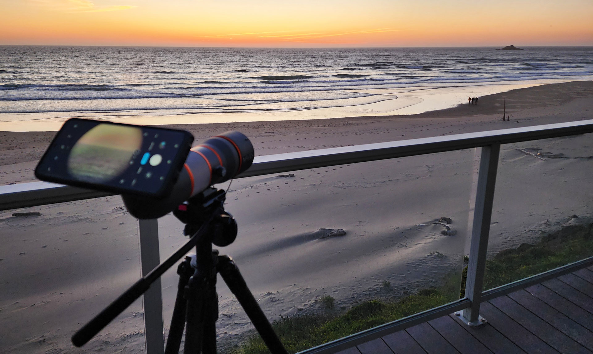 magview phone adaptor on a spotting scope viewing the coast.