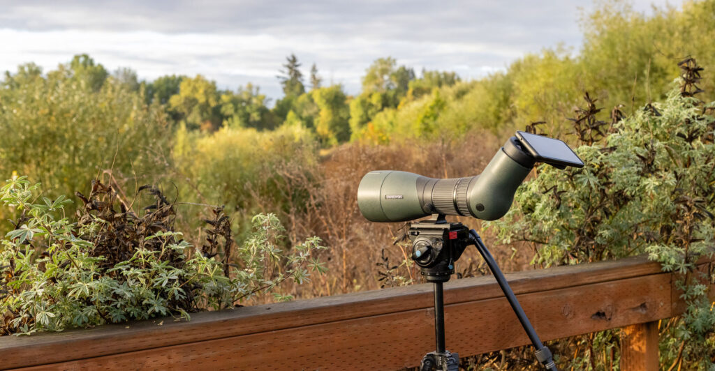 spotting scope with MAGVIEW phone adaptor on wildlife viewing platform.